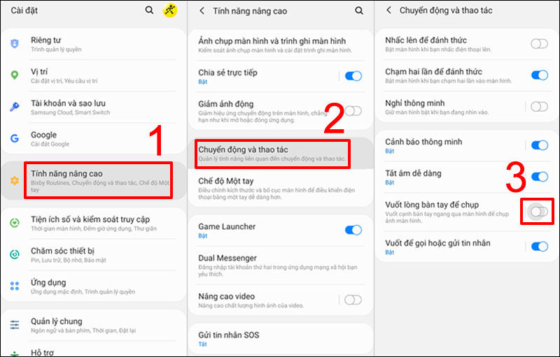 Bật tính năng Chụp ảnh bằng cách vuốt lòng bàn tay